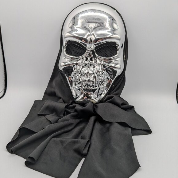 Silver Metallic Skull Halloween Mask with Black Hood, Adult Size - Picture 1 of 11